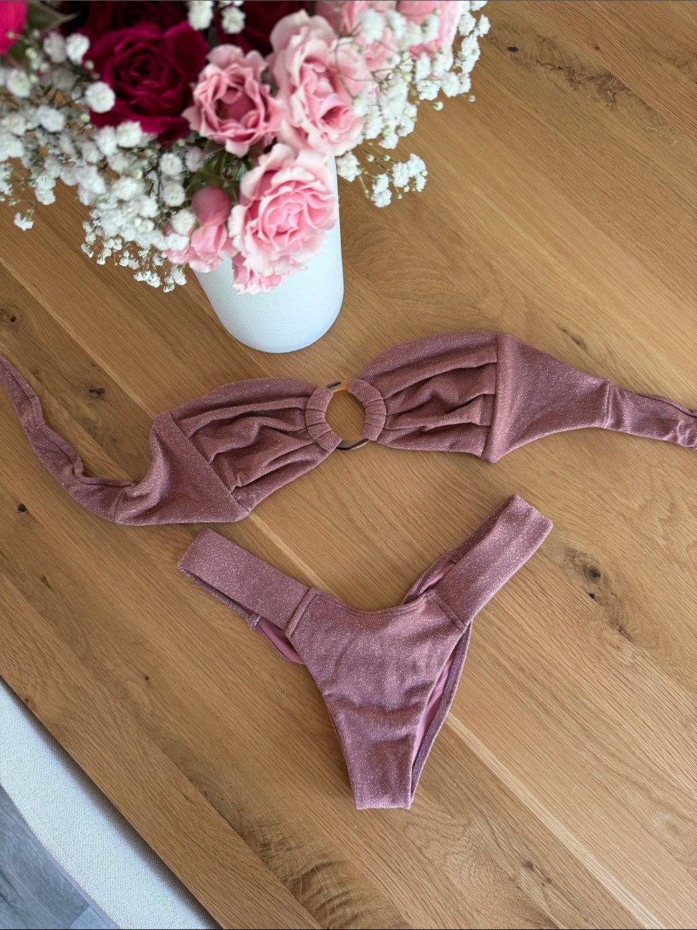 Shimmery Montce Rose Pink Ring-Front Bikini Set